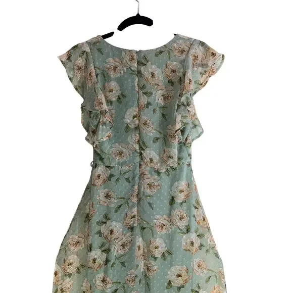 Altar’d State Green Floral Midi Dress Ruffle Sleeve V Neck No Belt - Picture 4 of 10
